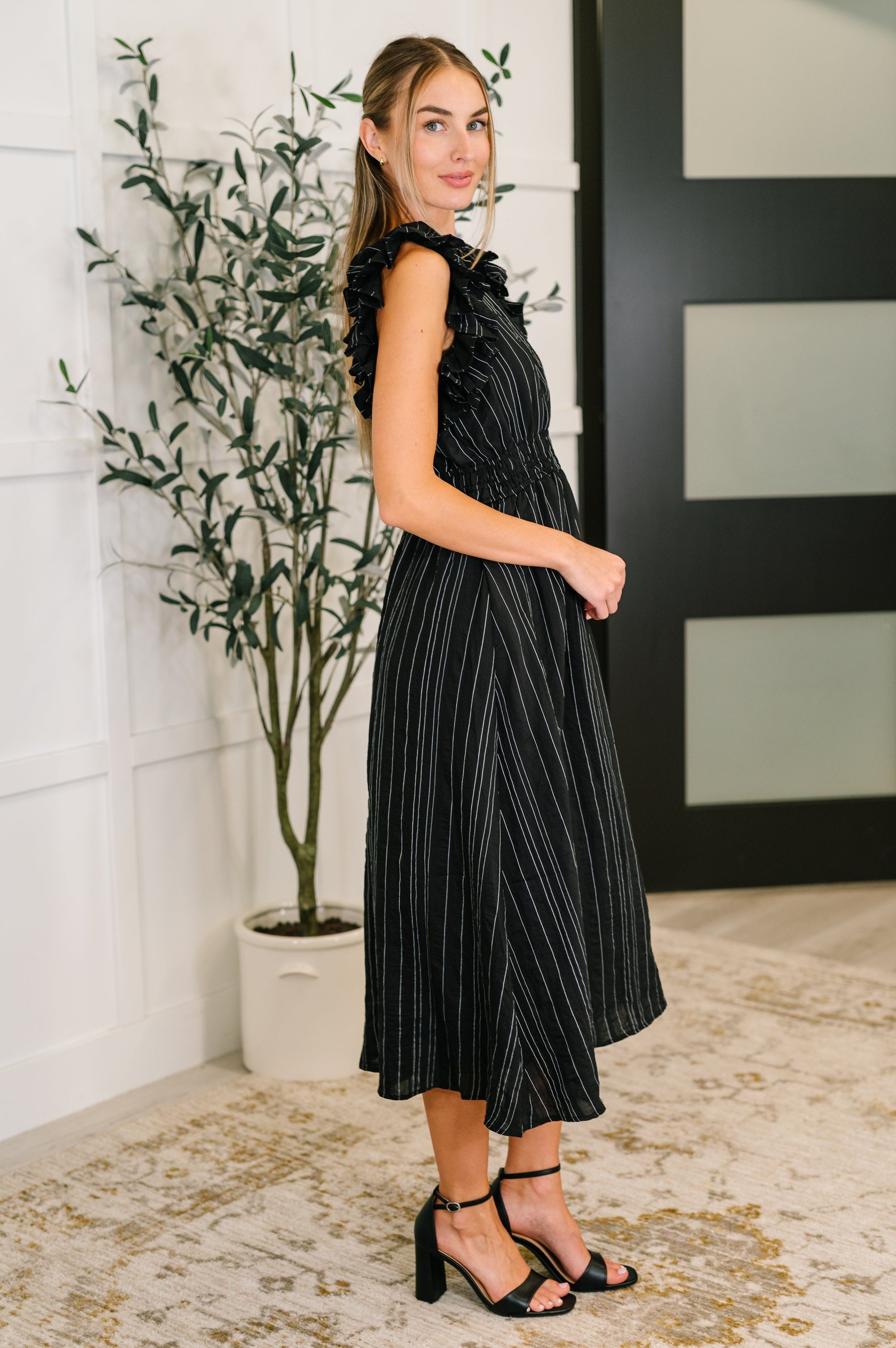 Pinstripe Romance V-Neck Ruffle Sleeve Dress in Black