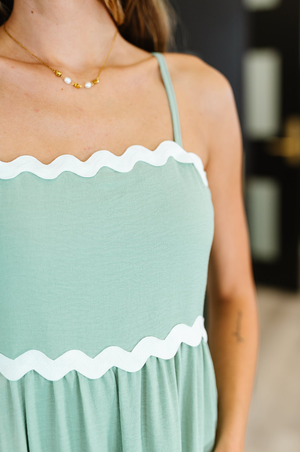 Ripple Effect Spaghetti Strap Dress in Sage