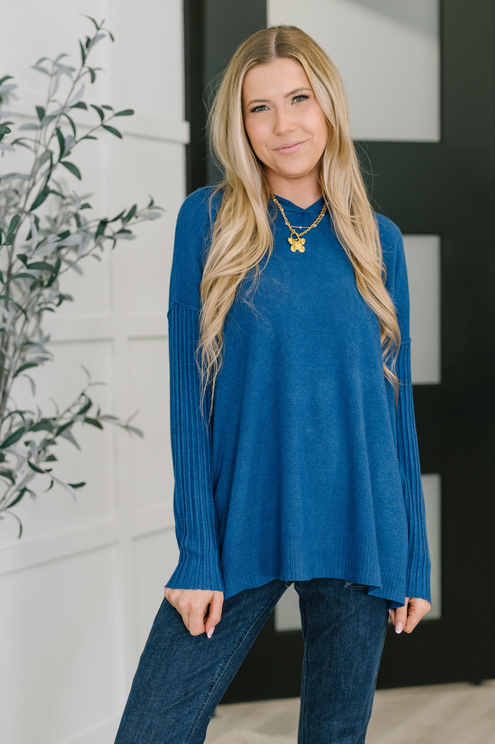 Running Late Hooded Long Sleeve in Light Navy