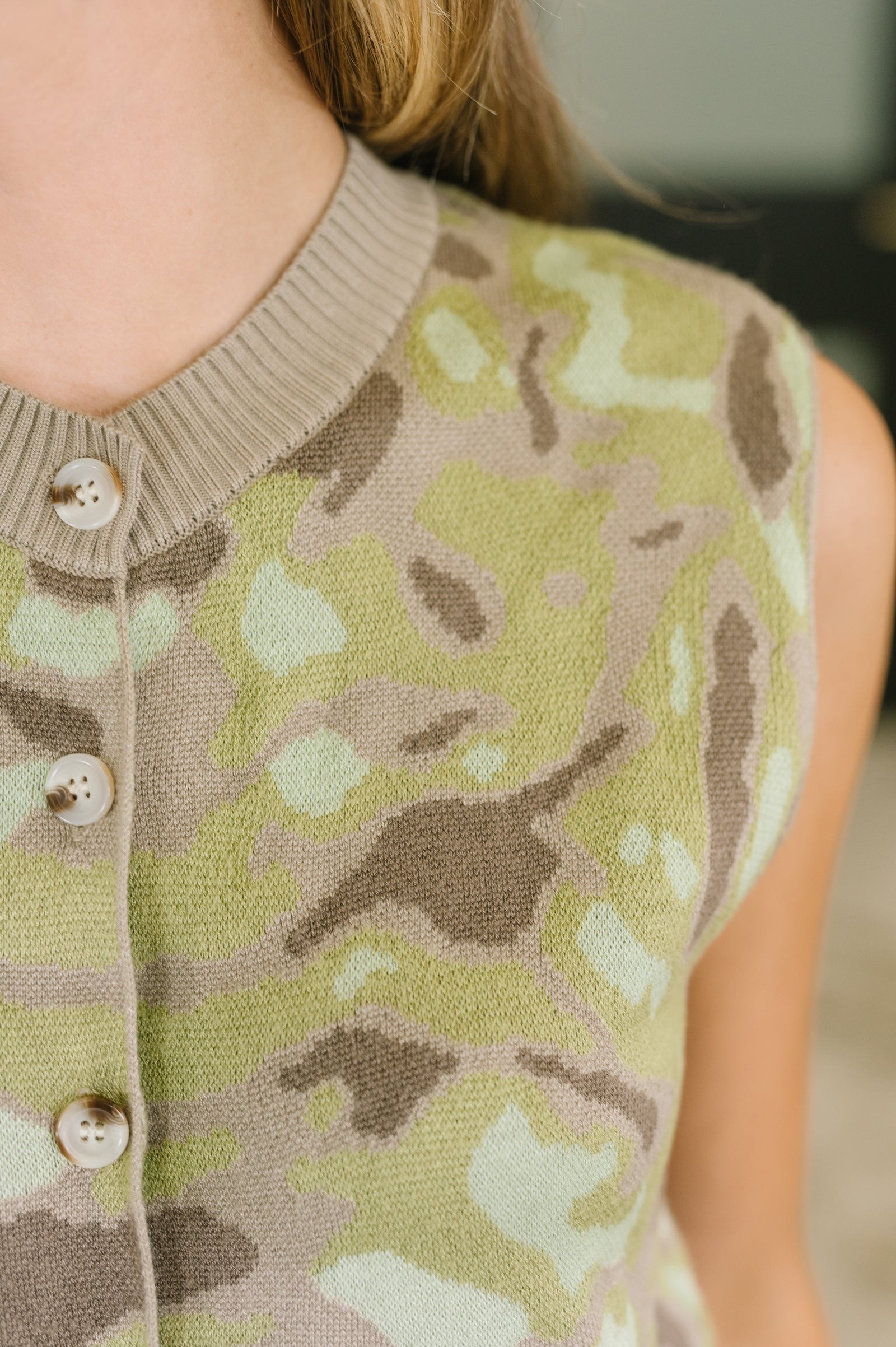 Show Yourself Camo Sleeveless Button Down Top