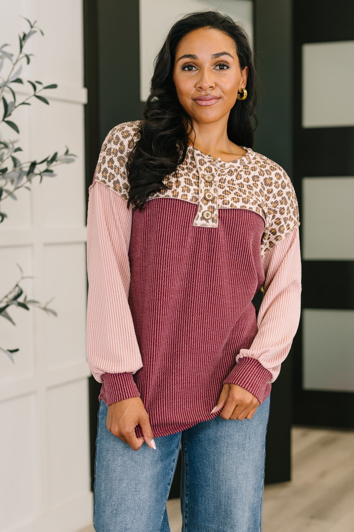 Spotted &amp; Blocked Color Block Henley Top