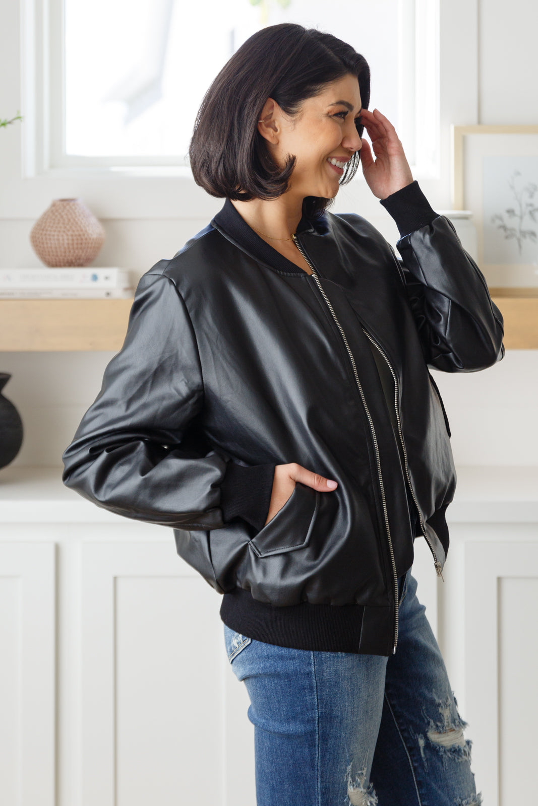 This Is It Faux Leather Bomber Jacket In Black - Simply Bee Boutique