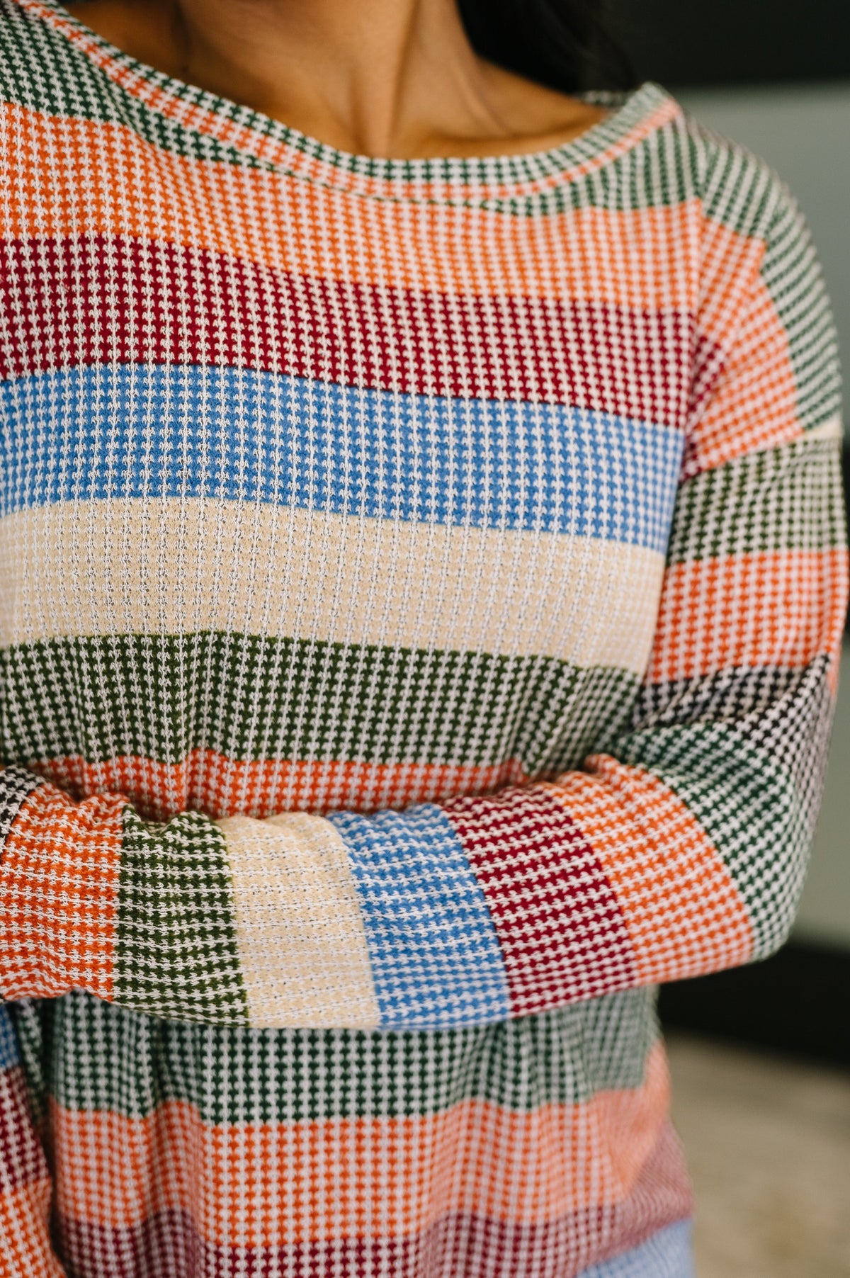 To Be Determined Drop Shoulder Top in Rust, Olive and Blue