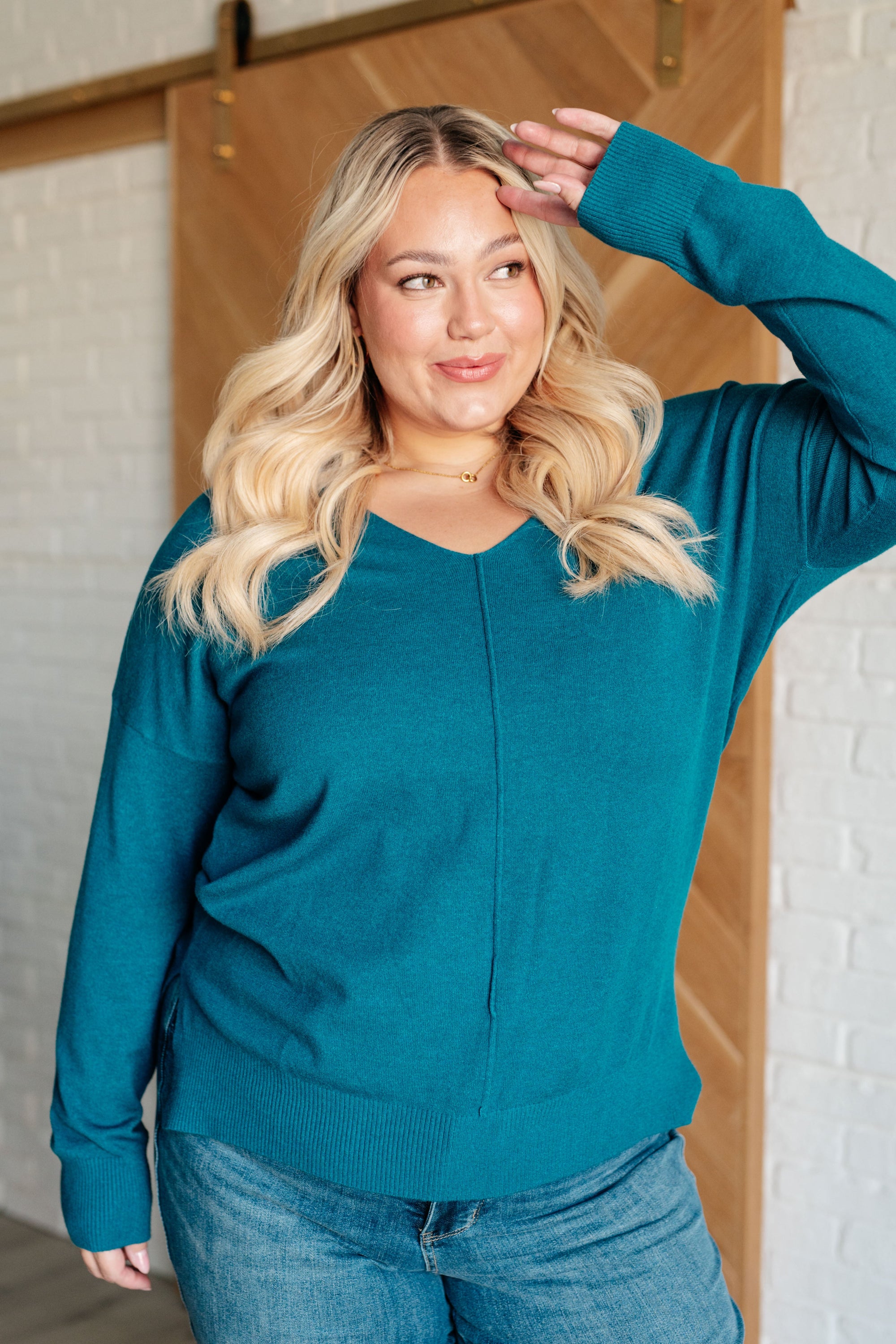 V-Neck Front Seam Sweater in Heather Ocean Teal