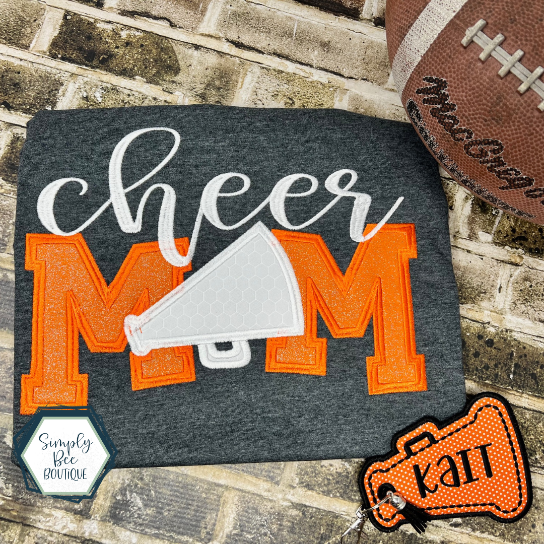 Cheer Mom with Megaphone Appliqued Embroidery Tee