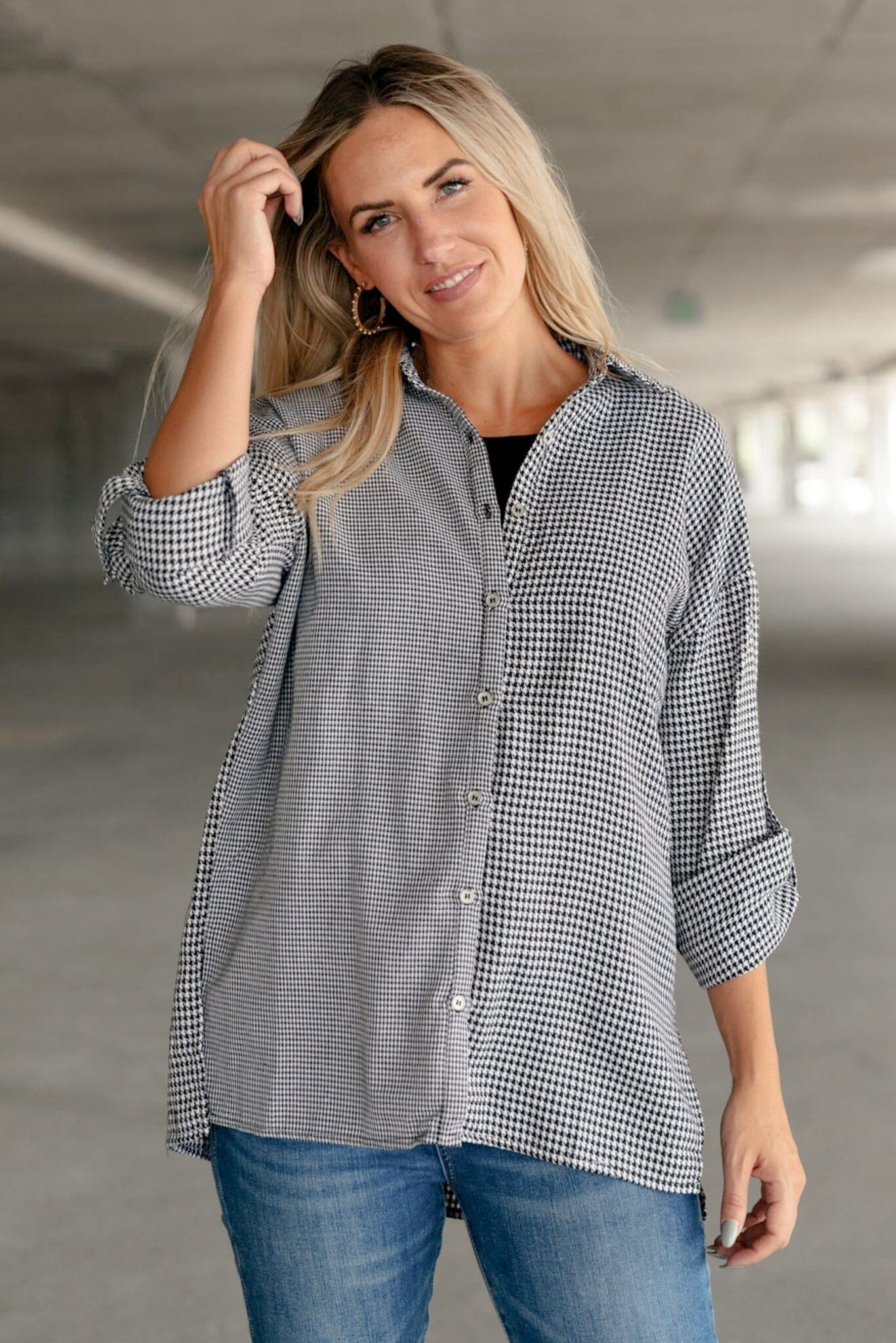 Doorbuster: Mixed Houndstooth Button Up Top Womens 