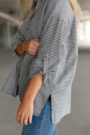 Doorbuster: Mixed Houndstooth Button Up Top Womens 