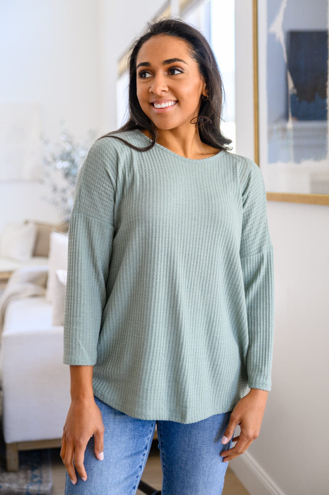 Austin Waffle Knit Basic Top In Sage Womens 