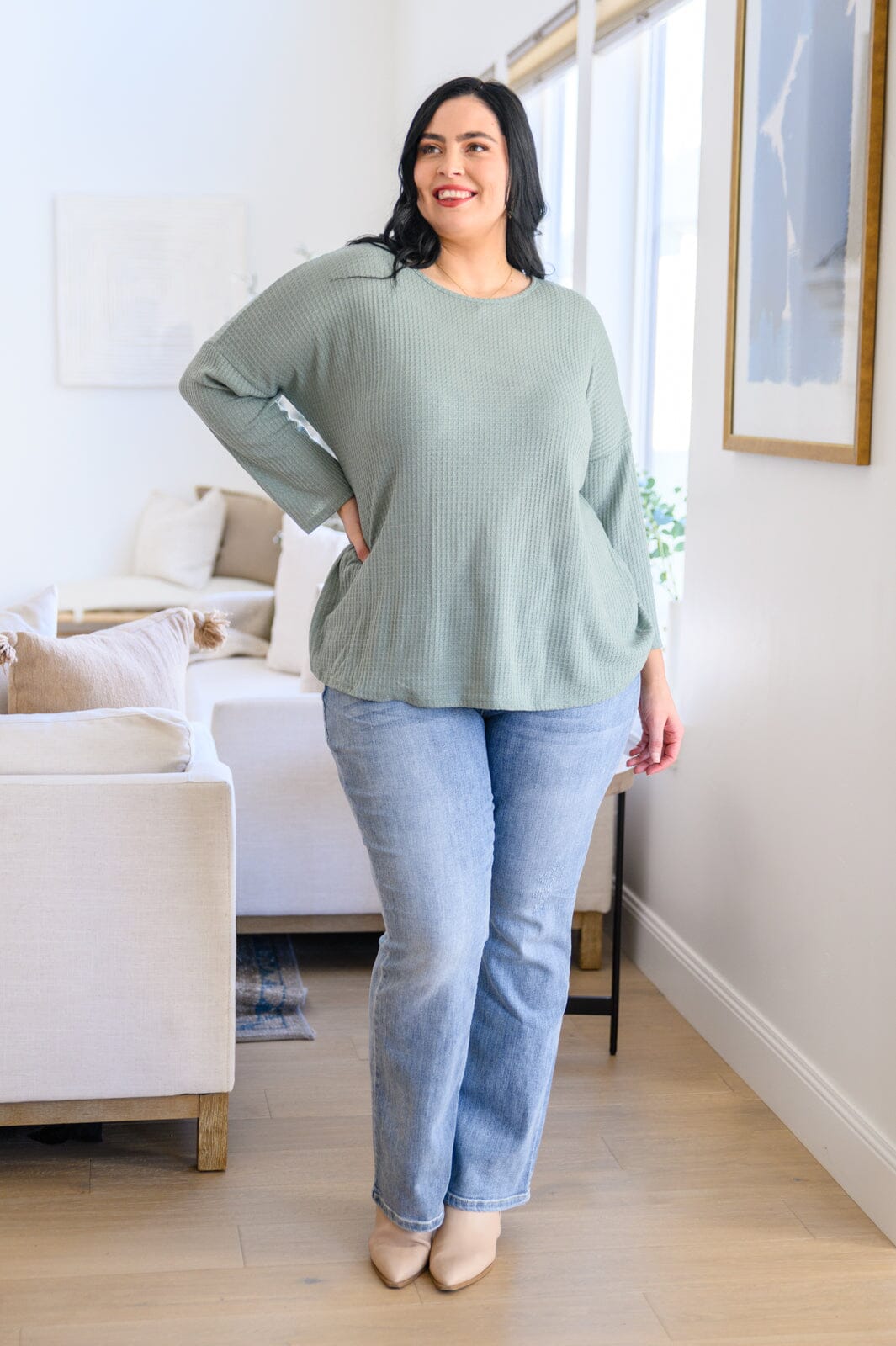 Austin Waffle Knit Basic Top In Sage Womens 