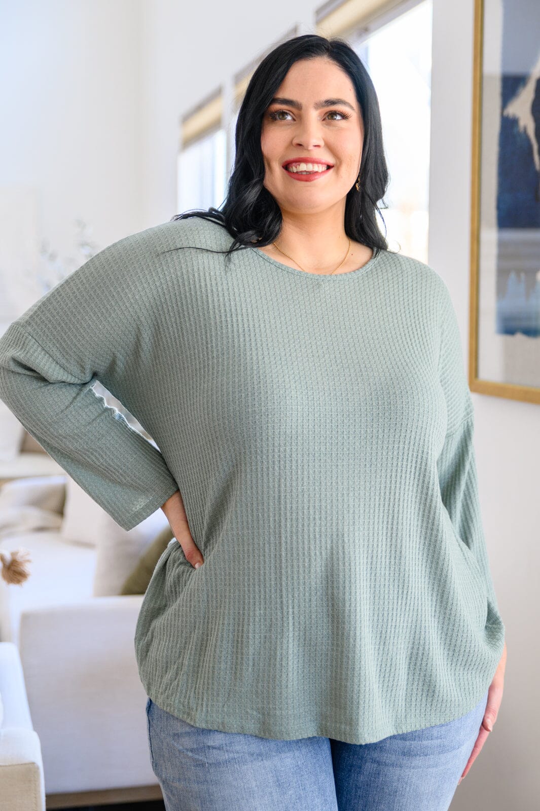 Austin Waffle Knit Basic Top In Sage Womens 