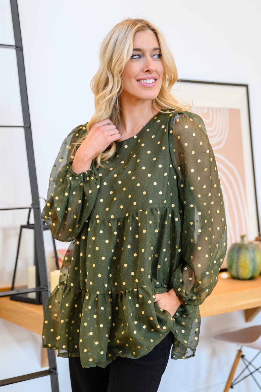 Coya Metallic Dot Tiered Blouse in Olive Womens 