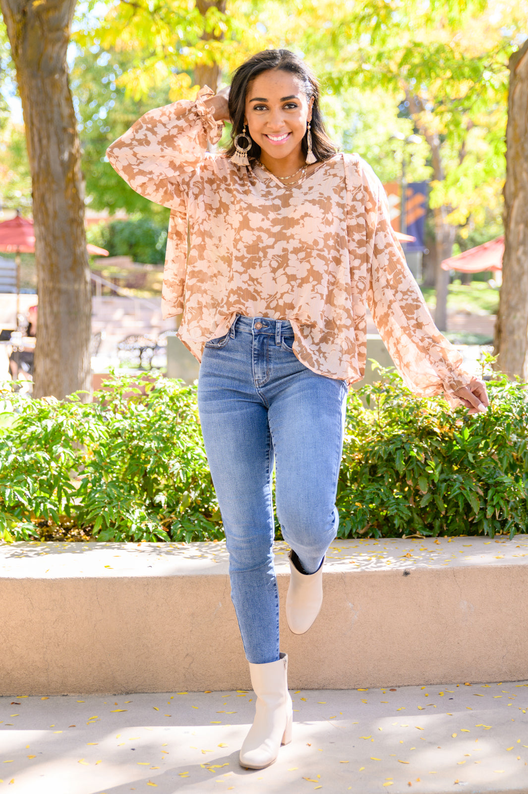 Floral Ties Top in Taupe Womens 