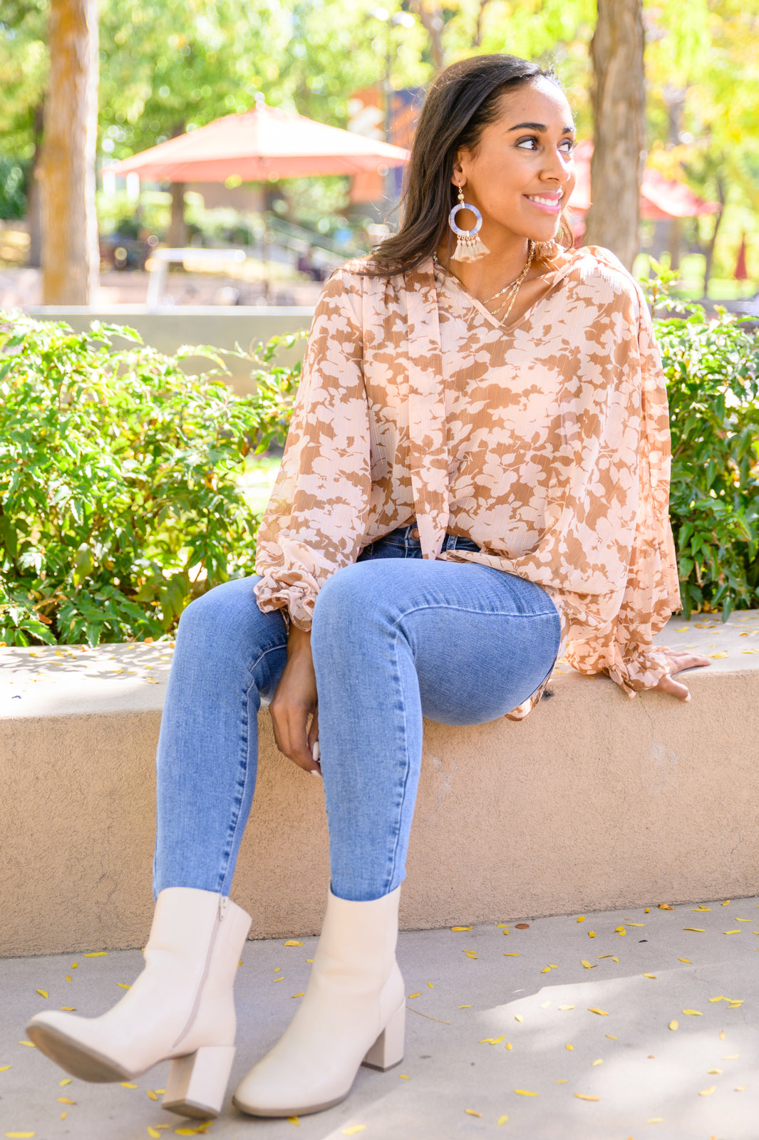 Floral Ties Top in Taupe Womens 