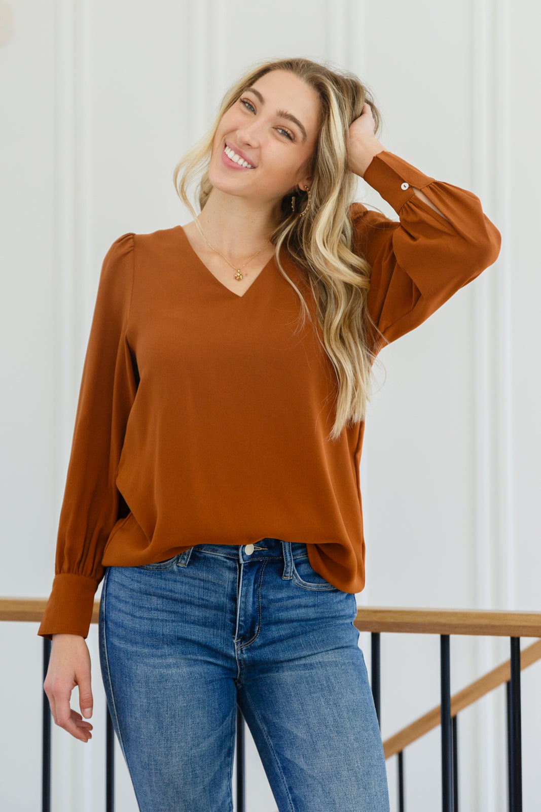 Enjoy This Moment V Neck Blouse In Toffee Womens 