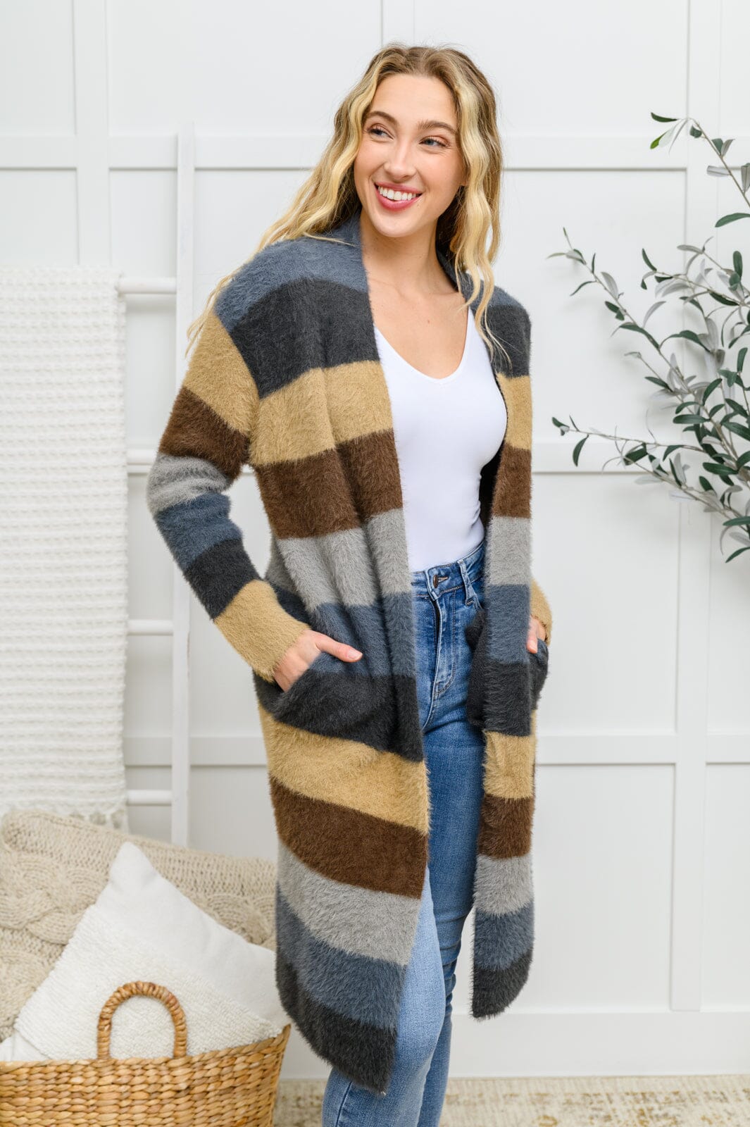 Doorbuster: Fuzzy Longline Cardigan In Blue & Cocoa Womens 