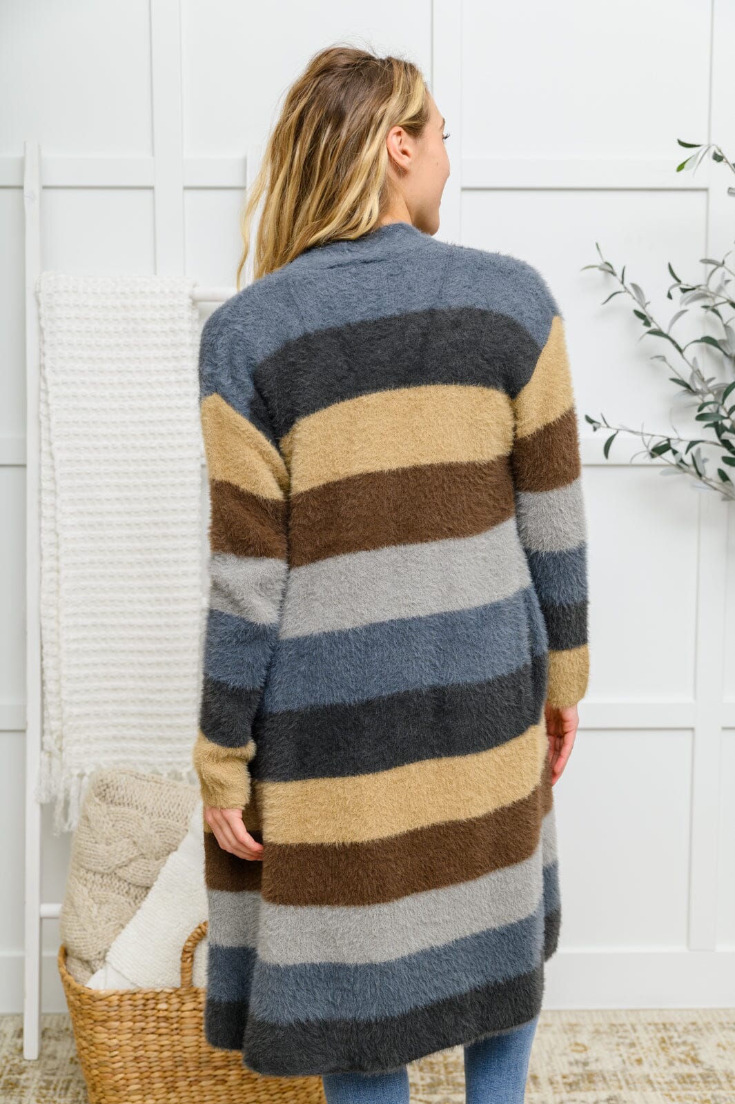 Doorbuster: Fuzzy Longline Cardigan In Blue & Cocoa Womens 