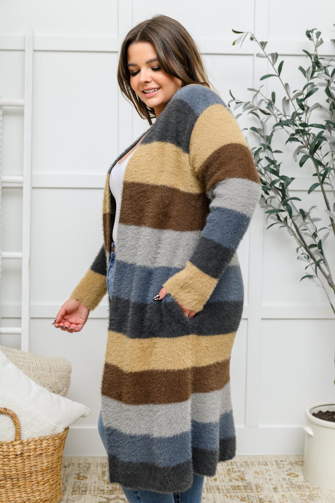 Doorbuster: Fuzzy Longline Cardigan In Blue & Cocoa Womens 