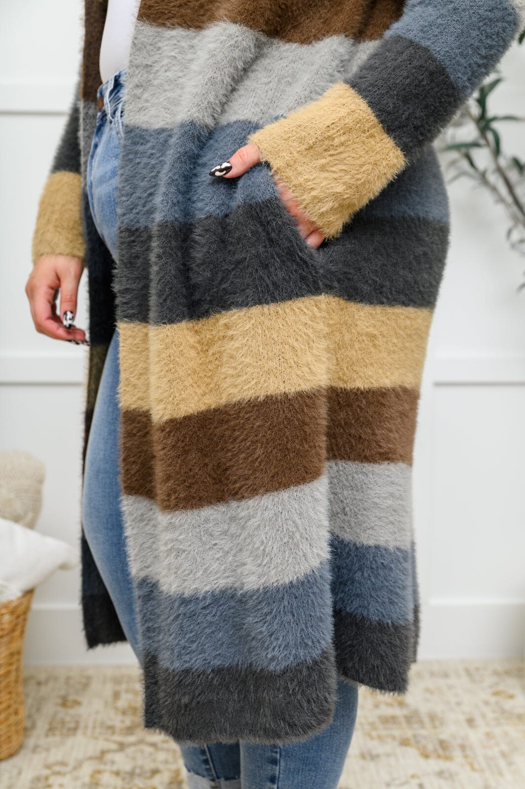 Doorbuster: Fuzzy Longline Cardigan In Blue & Cocoa Womens 