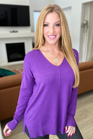 V-Neck Front Seam Sweater in Heather Violet