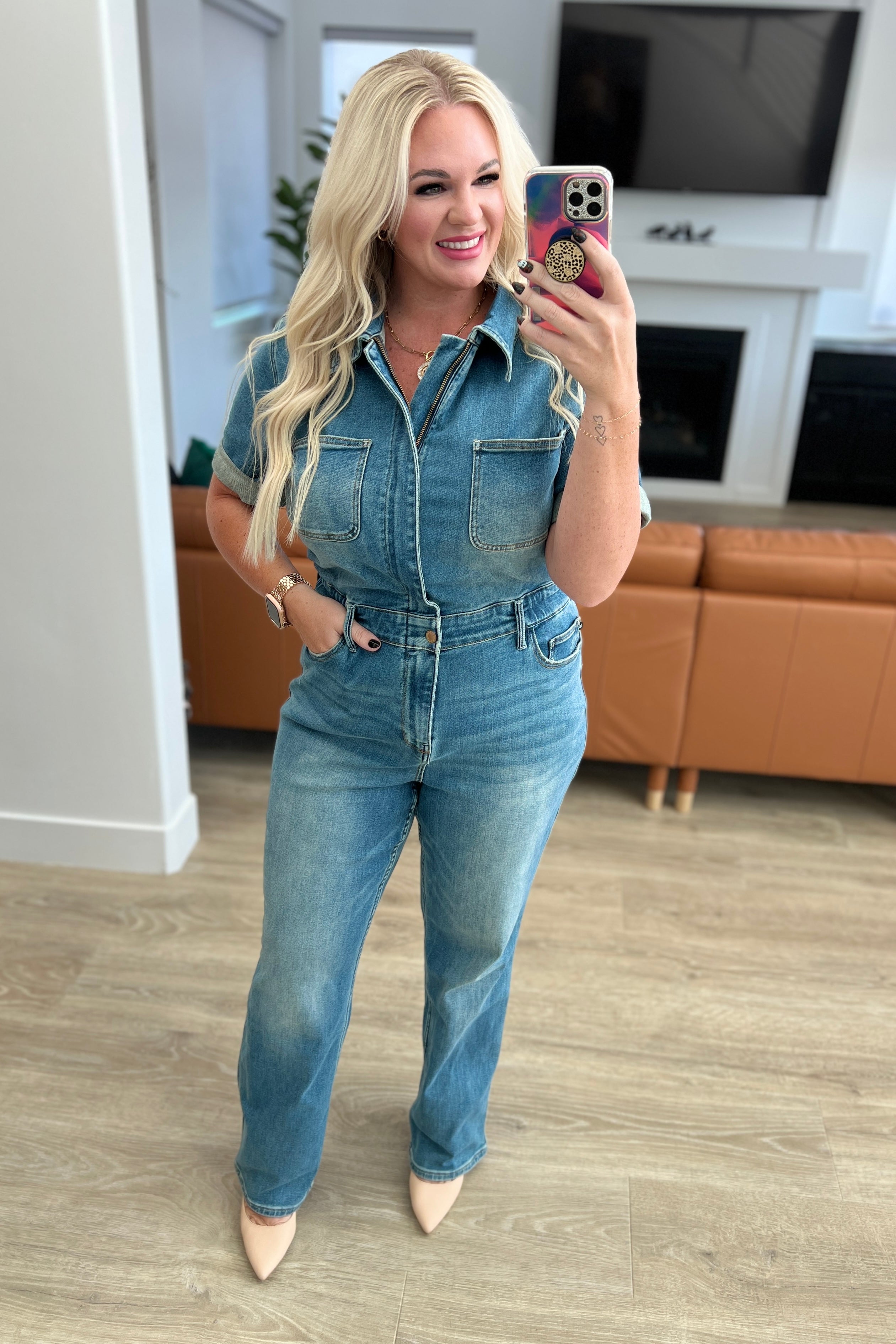 denim jumpsuit dress 'Tier Me Up' Smocked Tiered Denim Jumpsuit Small