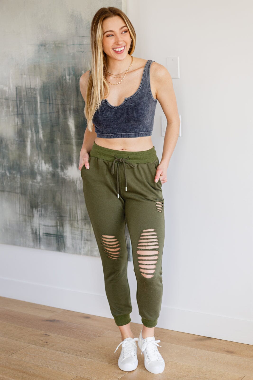 Kick Back Distressed Joggers in Olive Womens 