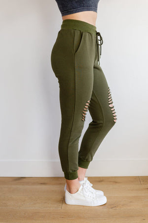 Kick Back Distressed Joggers in Olive Womens 