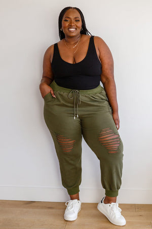 Kick Back Distressed Joggers in Olive Womens 