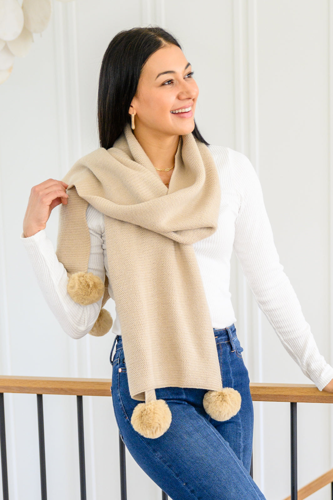 Knitted Fuzzy Pom Pom Scarf In Beige Womens 