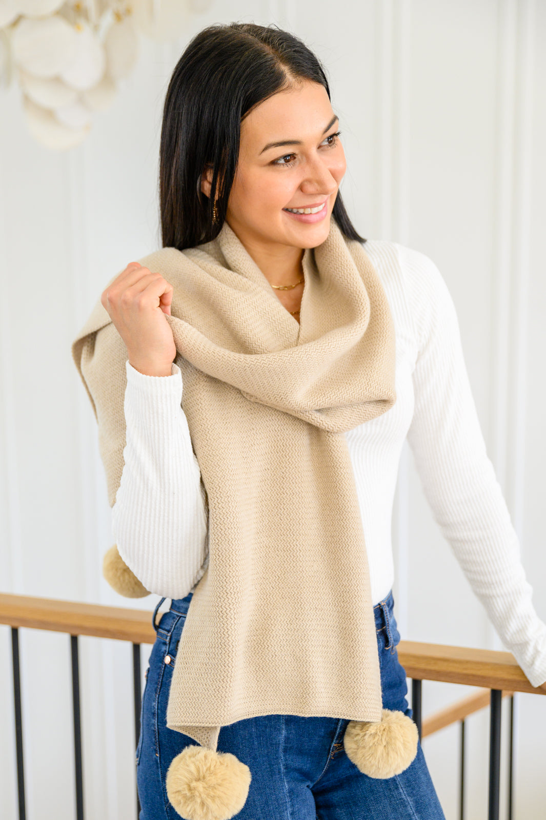 Knitted Fuzzy Pom Pom Scarf In Beige Womens 