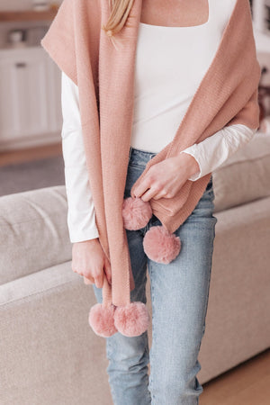 Knitted Fuzzy Pom Pom Scarf In Blush Womens 