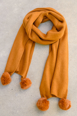 Knitted Fuzzy Pom Pom Scarf In Ginger Womens 