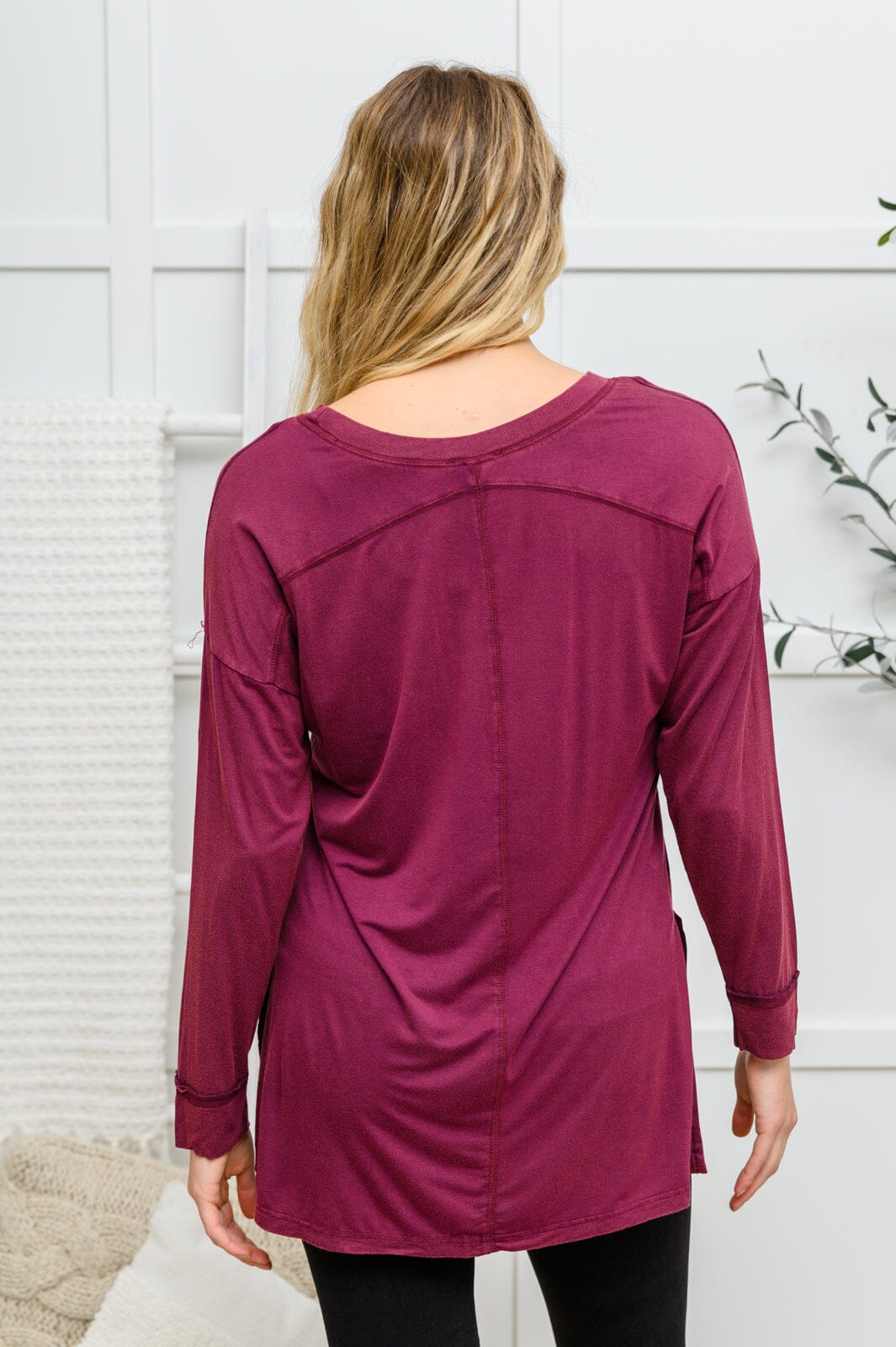 Doorbuster: Long Sleeve Knit Top With Pocket In Burgundy Womens 