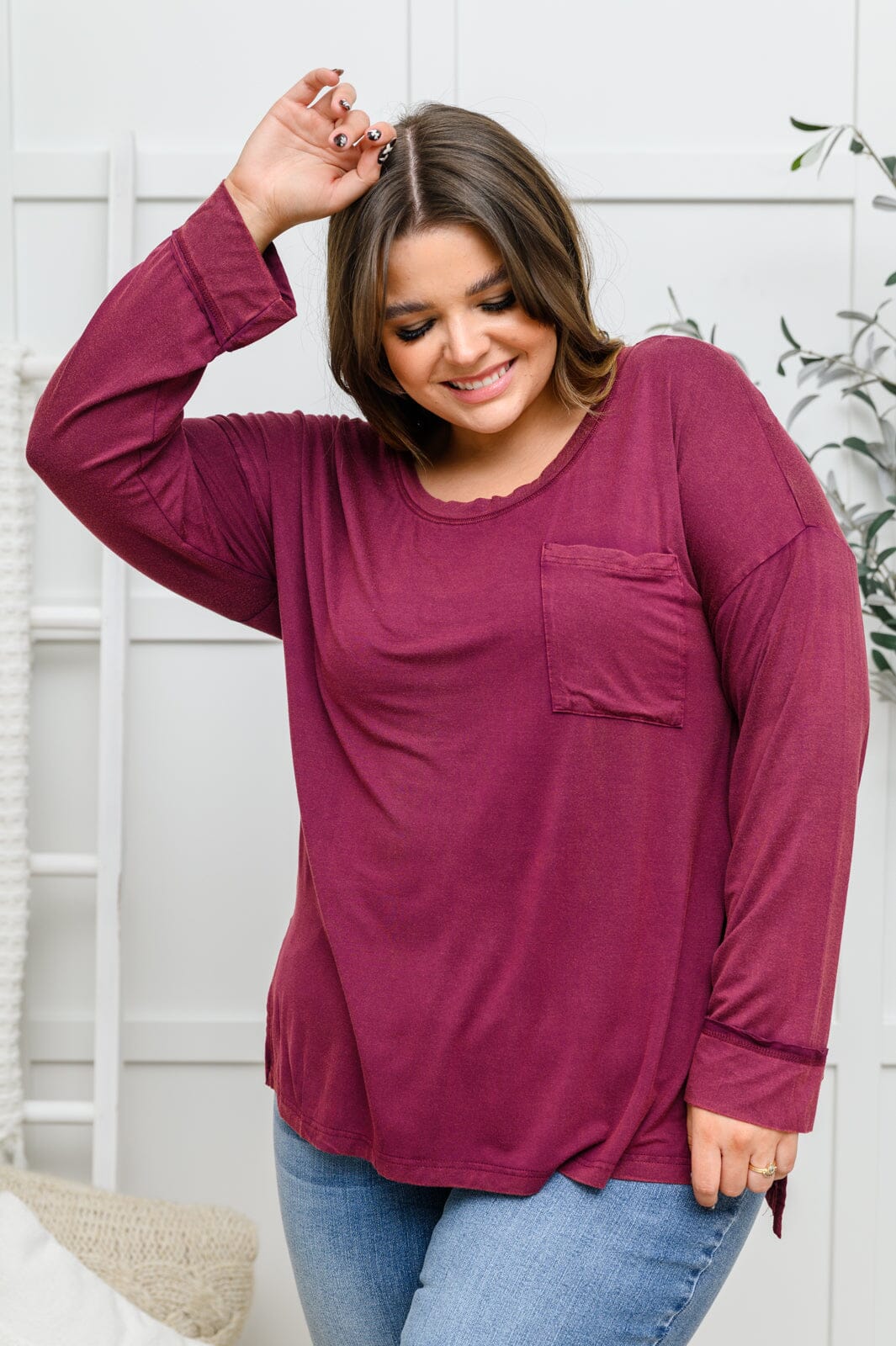 Doorbuster: Long Sleeve Knit Top With Pocket In Burgundy Womens 