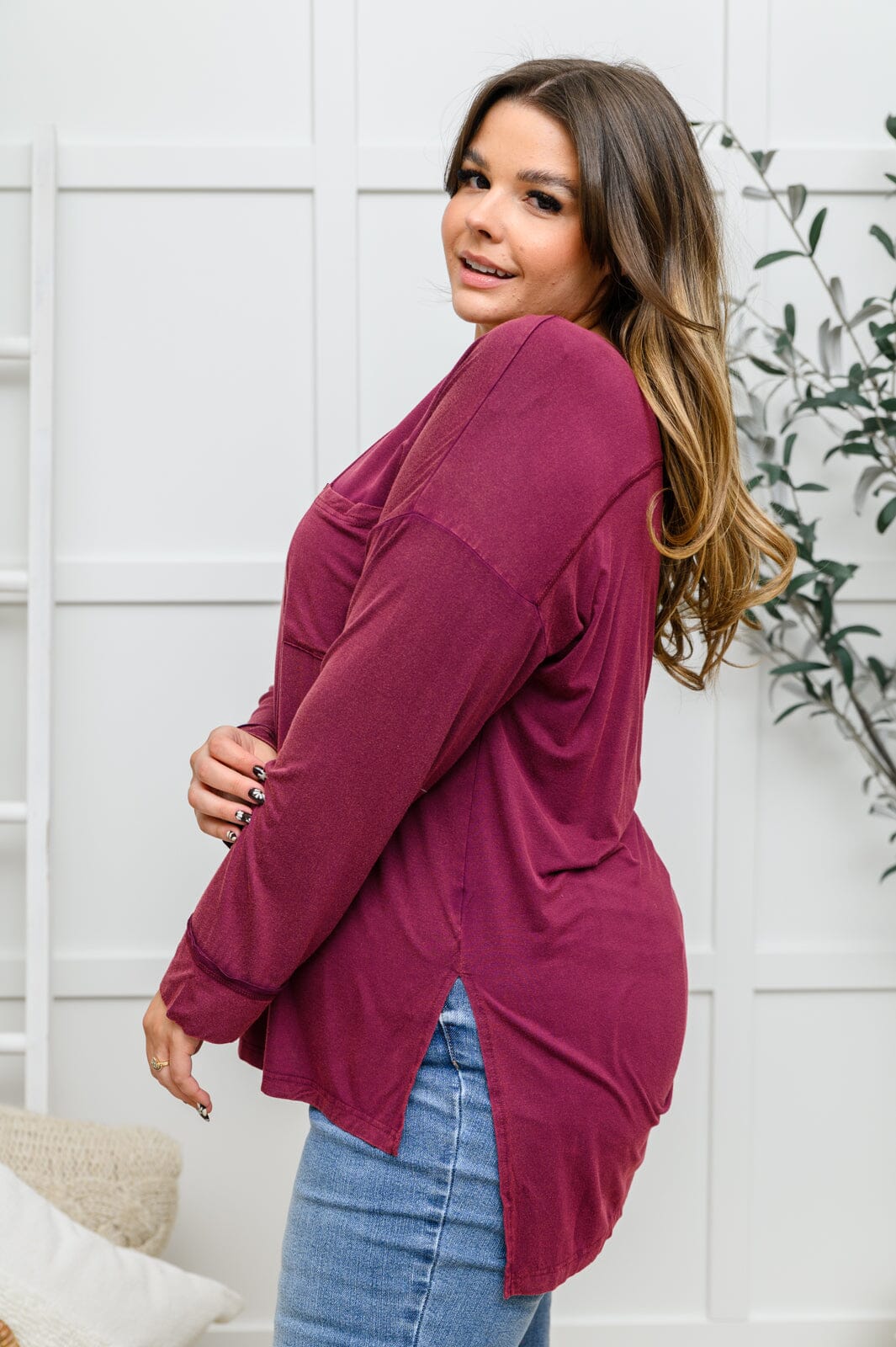 Doorbuster: Long Sleeve Knit Top With Pocket In Burgundy Womens 