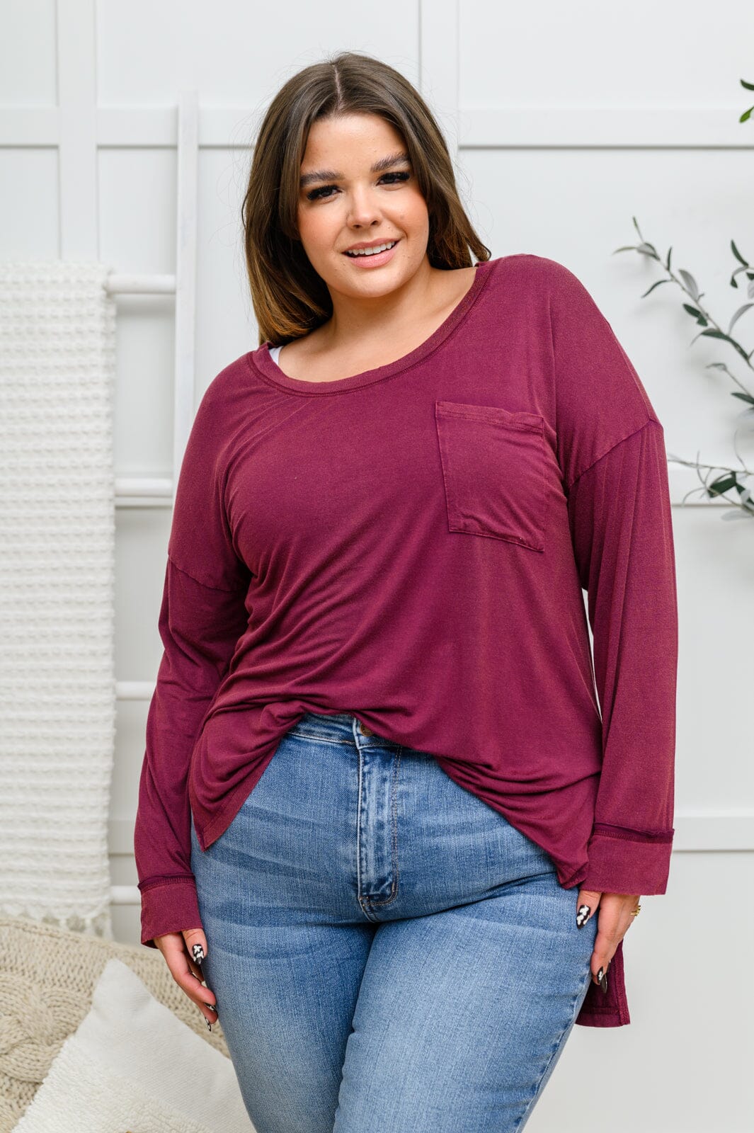 Doorbuster: Long Sleeve Knit Top With Pocket In Burgundy Womens 