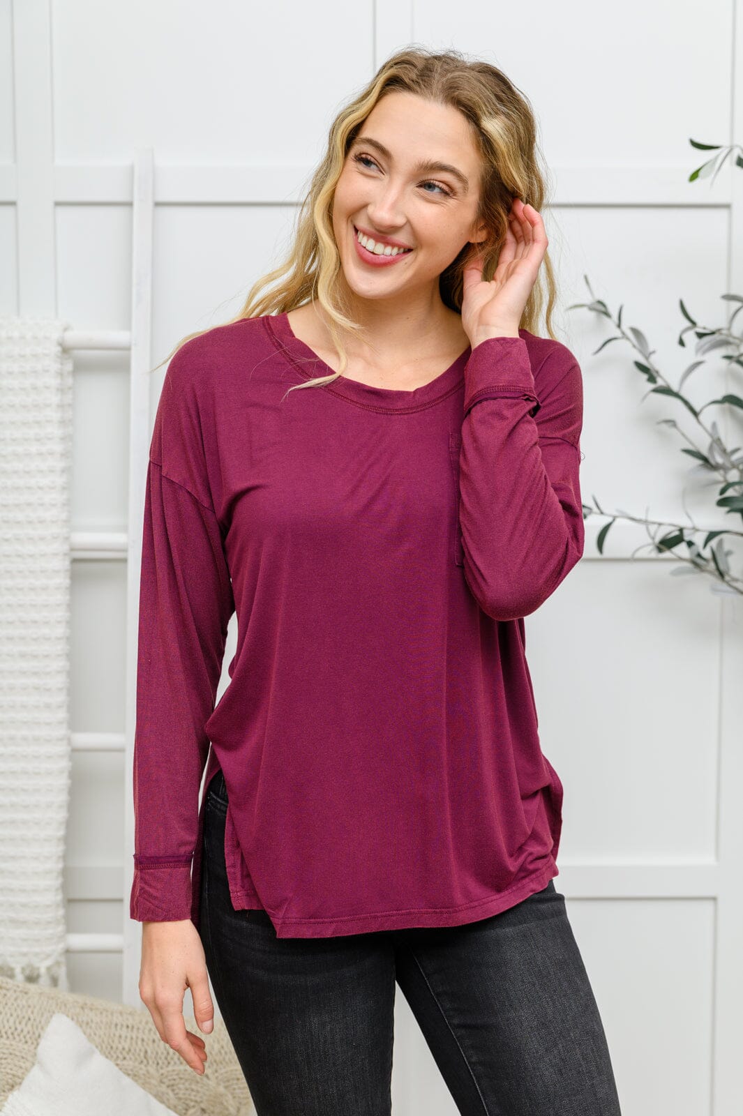 Doorbuster: Long Sleeve Knit Top With Pocket In Burgundy Womens 