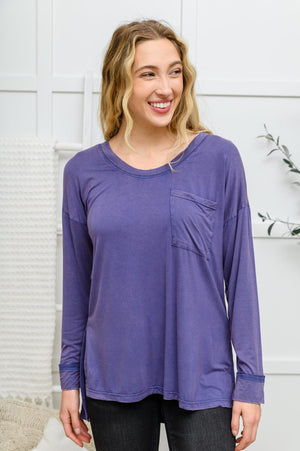 Doorbuster: Long Sleeve Knit Top With Pocket In Denim Blue Womens 