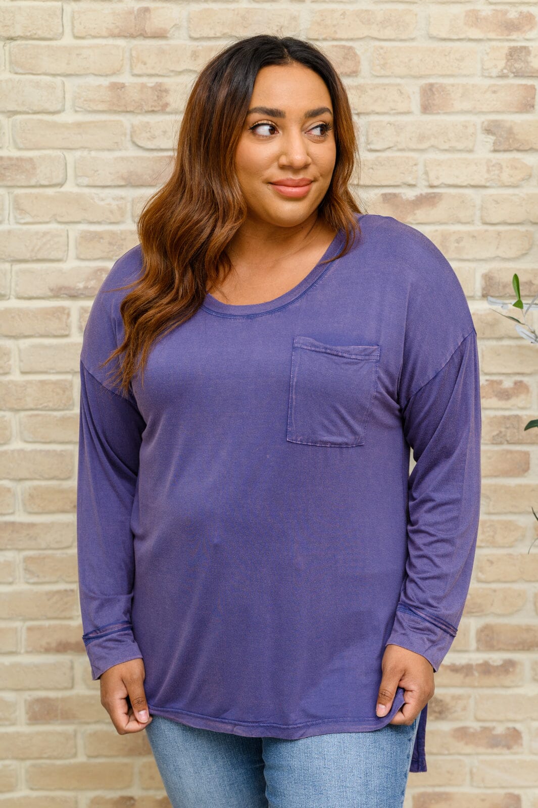 Doorbuster: Long Sleeve Knit Top With Pocket In Denim Blue Womens 