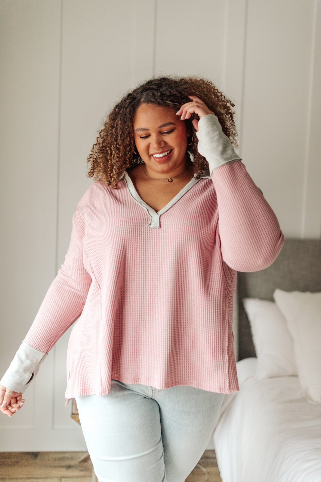 Mia Waffle Knit Long Sleeve In Pink Womens 