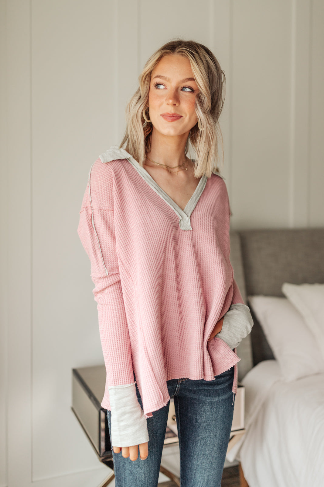 Mia Waffle Knit Long Sleeve In Pink Womens 