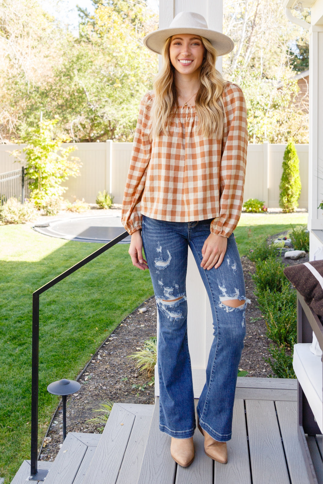 One Fine Afternoon Gingham Plaid Top In Caramel Womens 