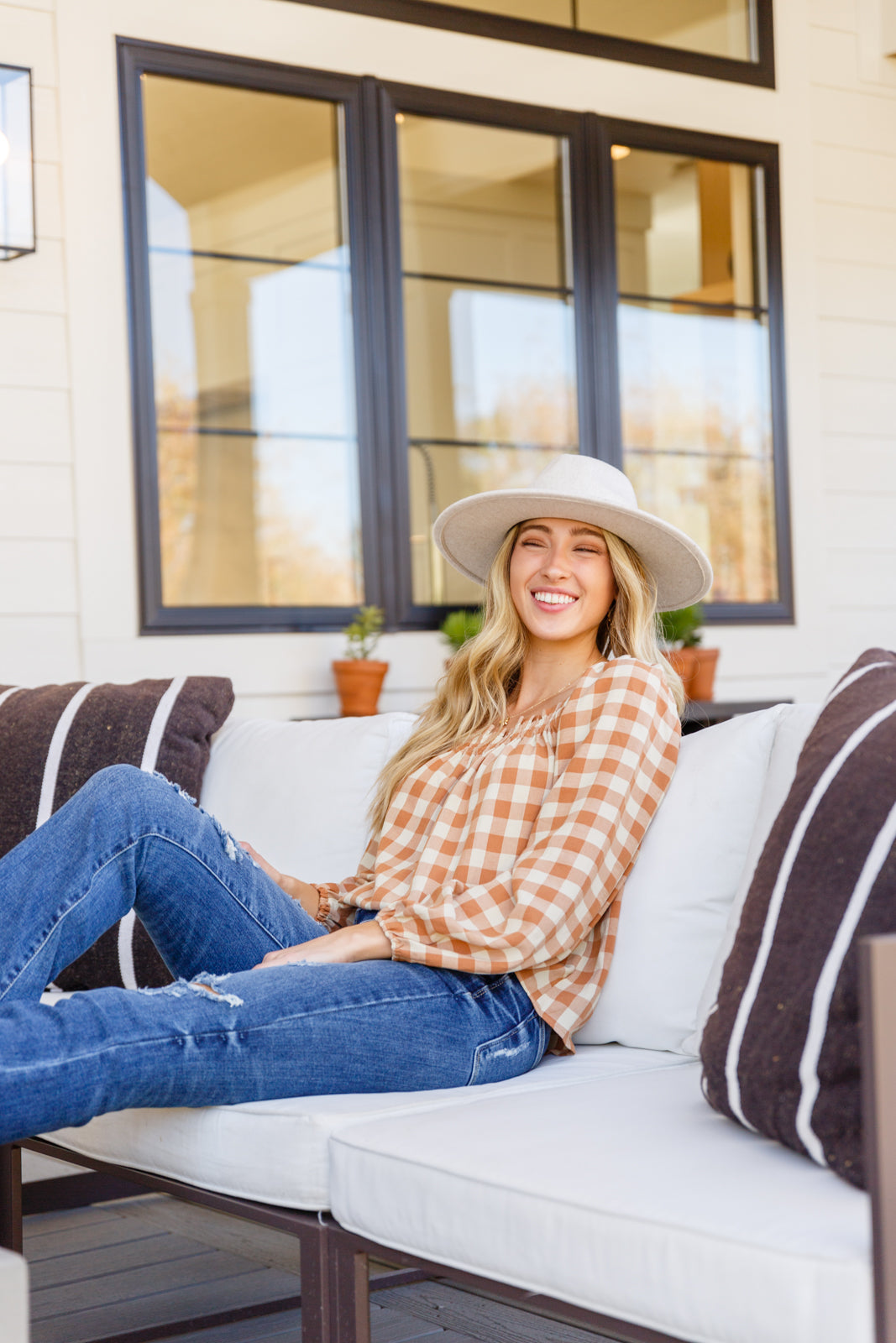 One Fine Afternoon Gingham Plaid Top In Caramel Womens 