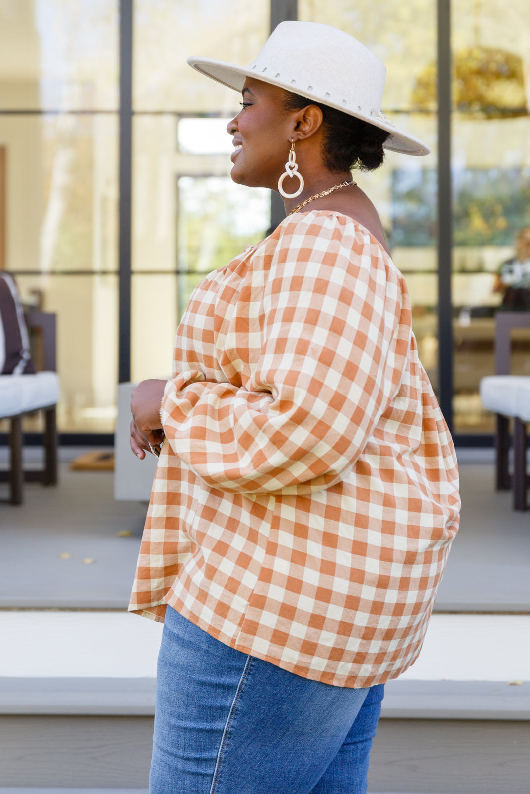 One Fine Afternoon Gingham Plaid Top In Caramel Womens 