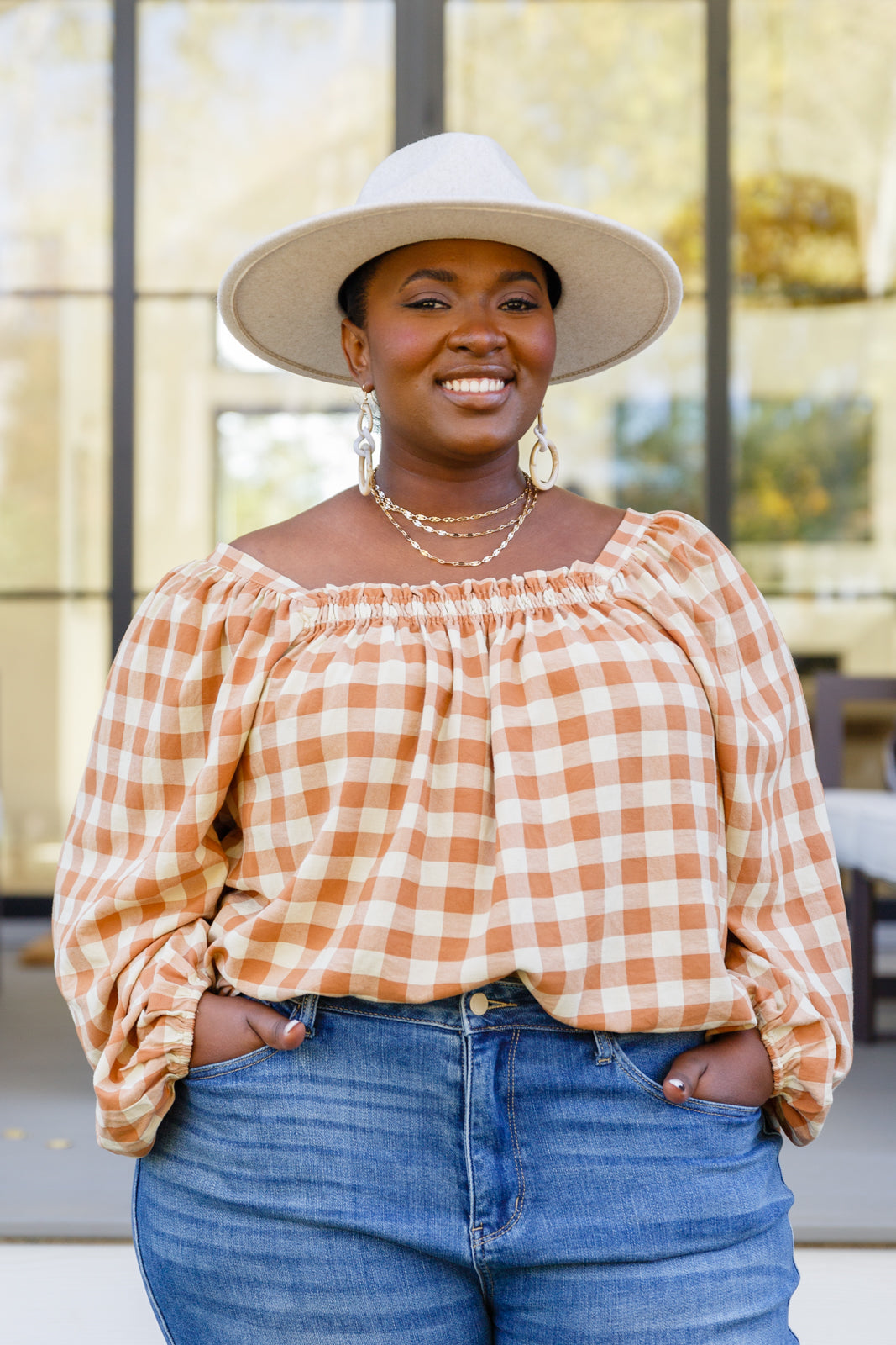 One Fine Afternoon Gingham Plaid Top In Caramel Womens 