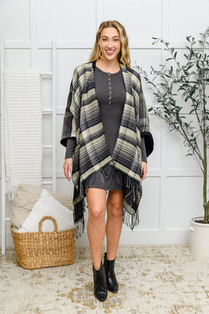 Plaid Fringe Trimmed Open Poncho in Black Womens 