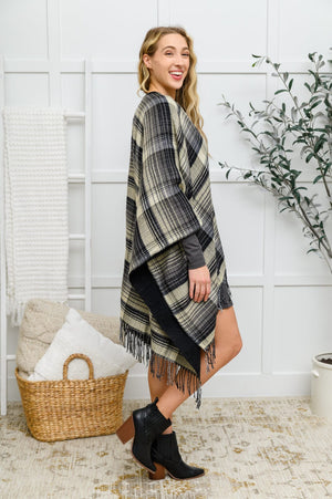 Plaid Fringe Trimmed Open Poncho in Black Womens 