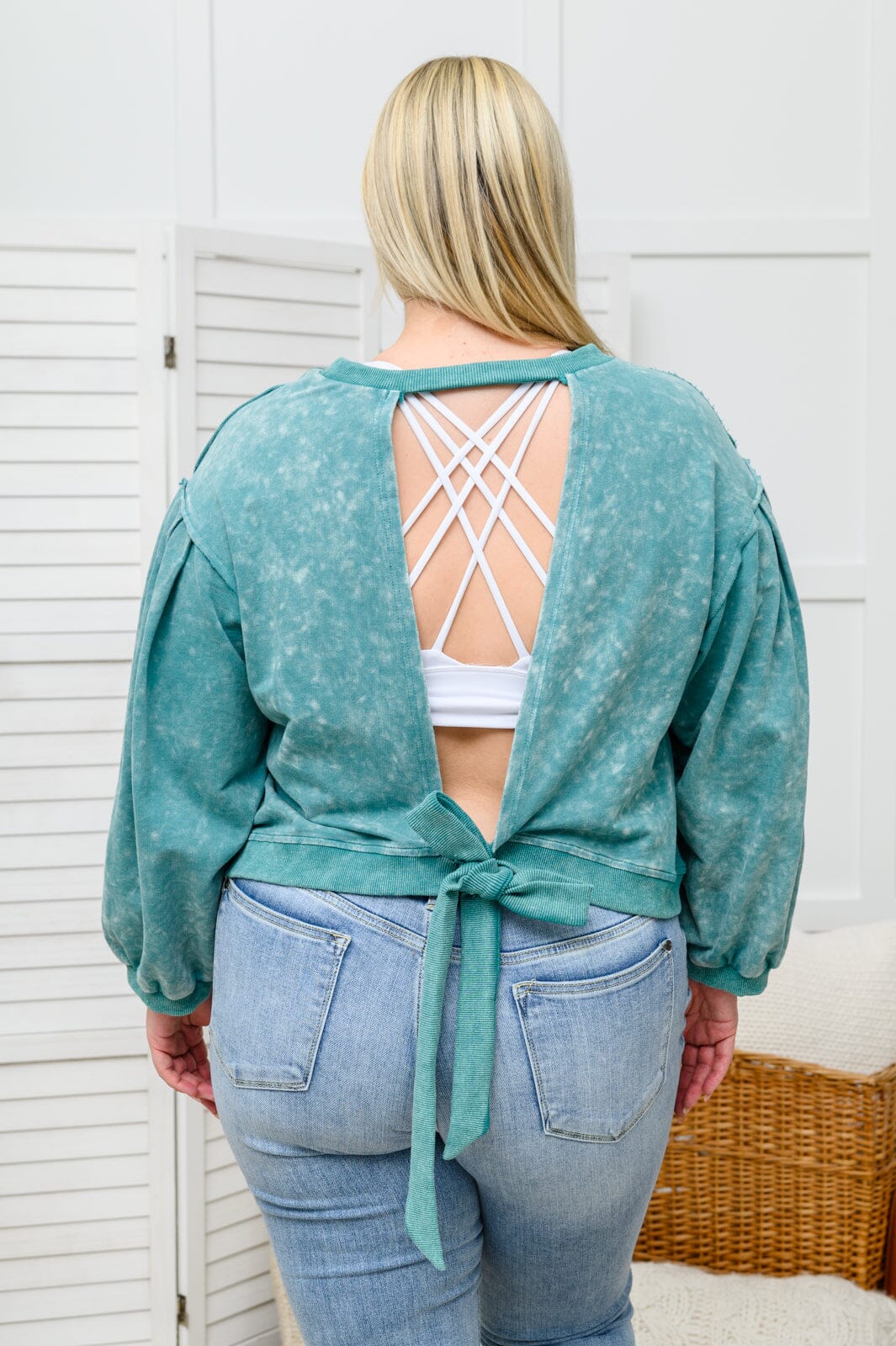 Tied Up In Cuteness Mineral Wash Sweater in Teal Womens 