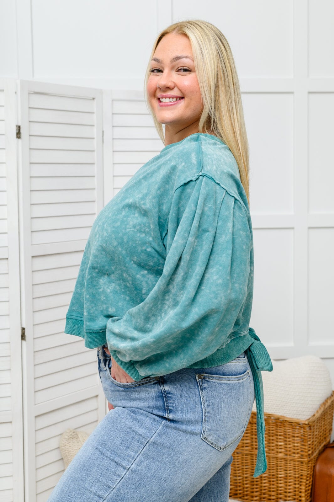 Tied Up In Cuteness Mineral Wash Sweater in Teal Womens 