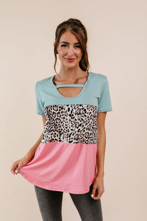 Leopard In The Middle Color Block Top In Mint & Coral Womens 