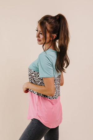 Leopard In The Middle Color Block Top In Mint & Coral Womens 